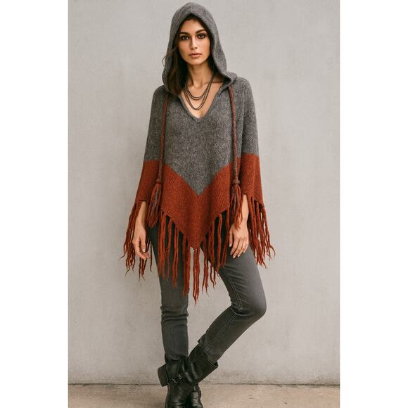 Hooded Fringe Knit Poncho Gray Red Boho Western Cottagecore Alpaca Blend Cozy - Picture 1 of 8